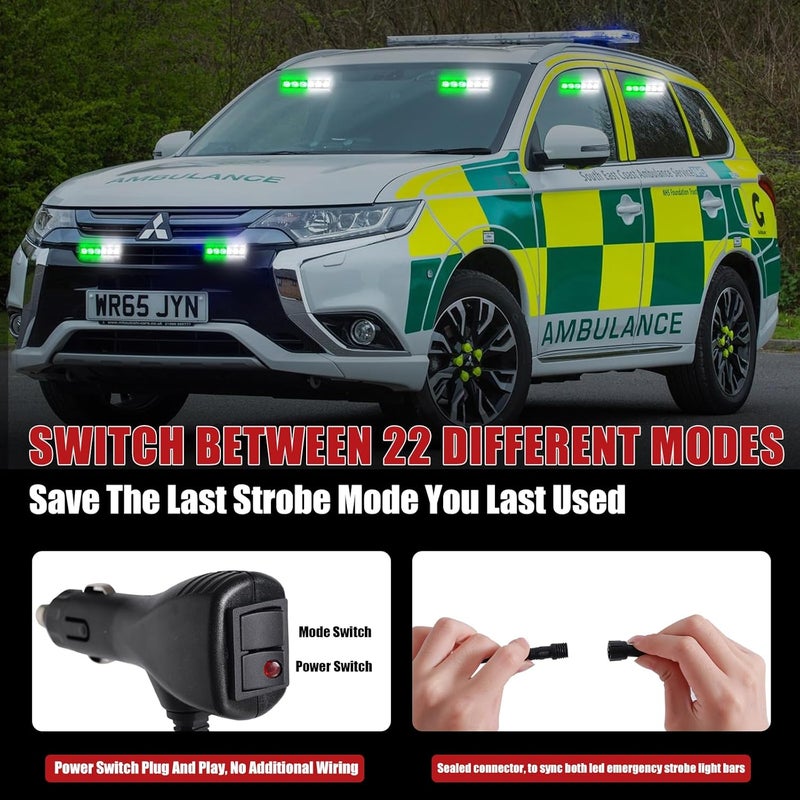 Tiannor 2X 6.1 inch Emergency Strobe Lights Green White 12 LED Warning Flashing Safety Dash Side/Front/Rear Windshield Lights Grill Surface Mount forVolunteer Firefighter Vehicles POV Trucks Car... - Image 4